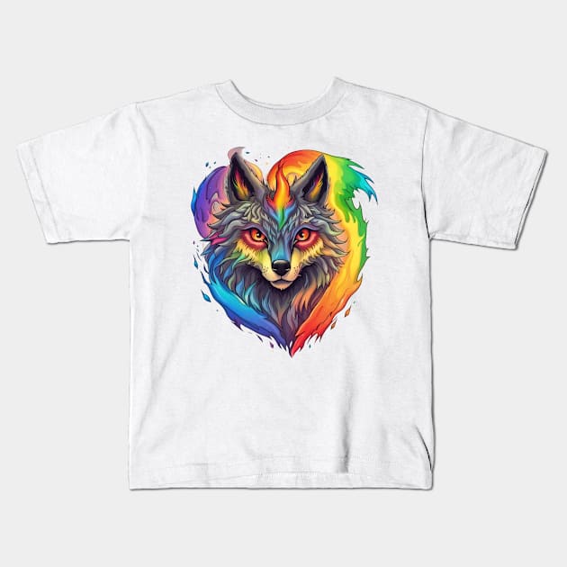 Wolf's Rainbow Fire - Heart Eruption Art Kids T-Shirt by trubble